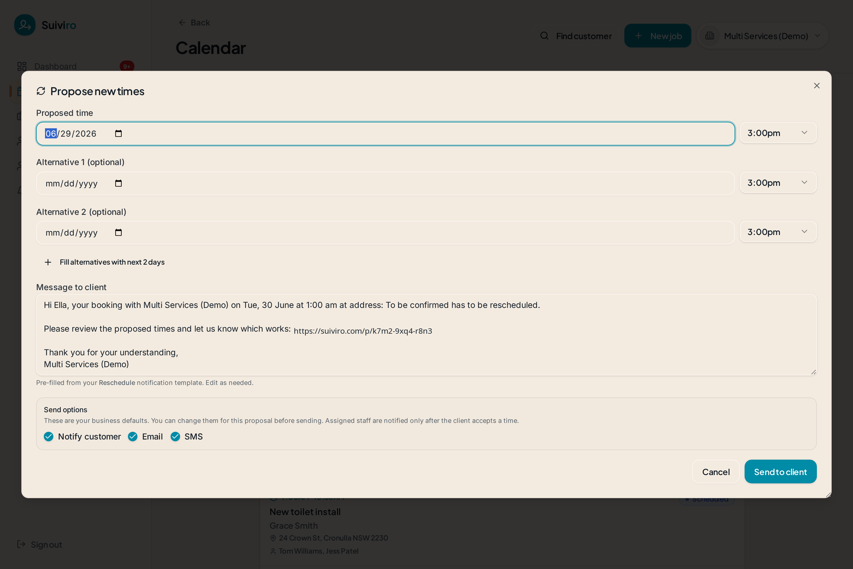 Reschedule dialog in Suiviro proposing three alternative time slots to a client