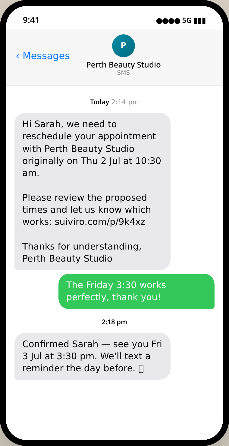 Sample SMS the client receives proposing three reschedule times with a portal link