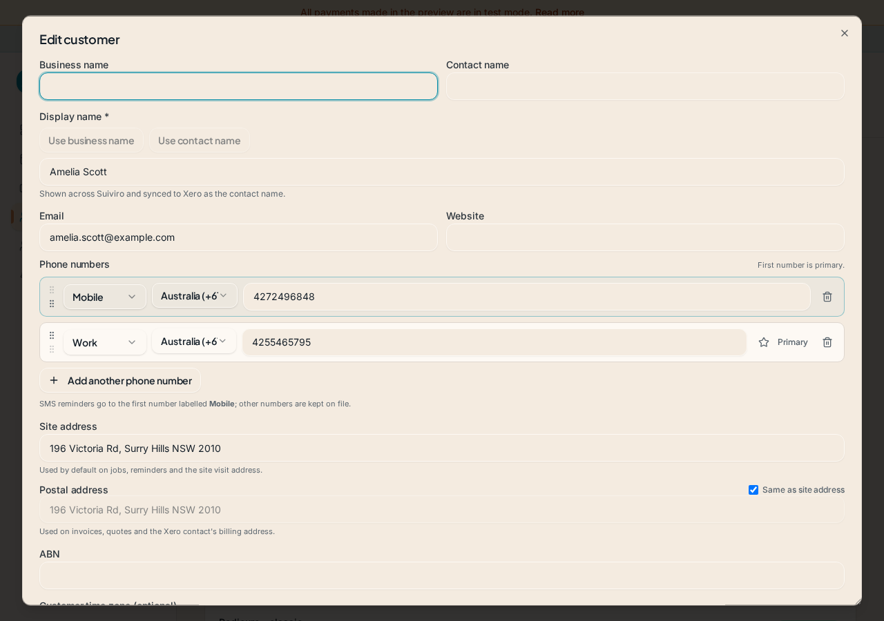 Edit customer dialog in Suiviro showing business name, display name, multiple phone numbers, site and postal addresses and ABN fields