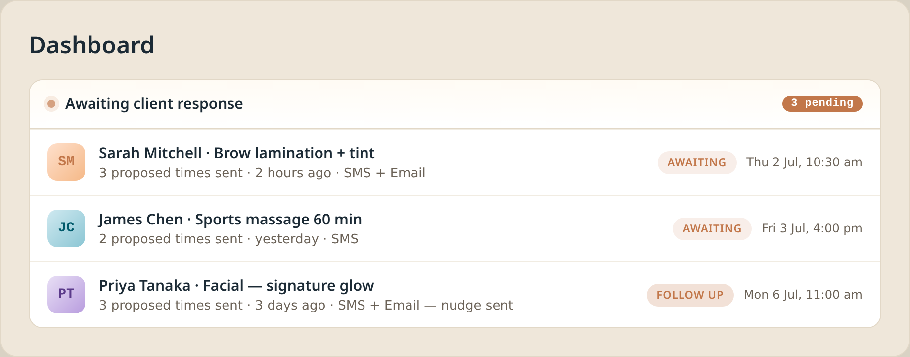 Dashboard 'Awaiting client response' panel at the top of the Suiviro dashboard showing pending reschedule proposals