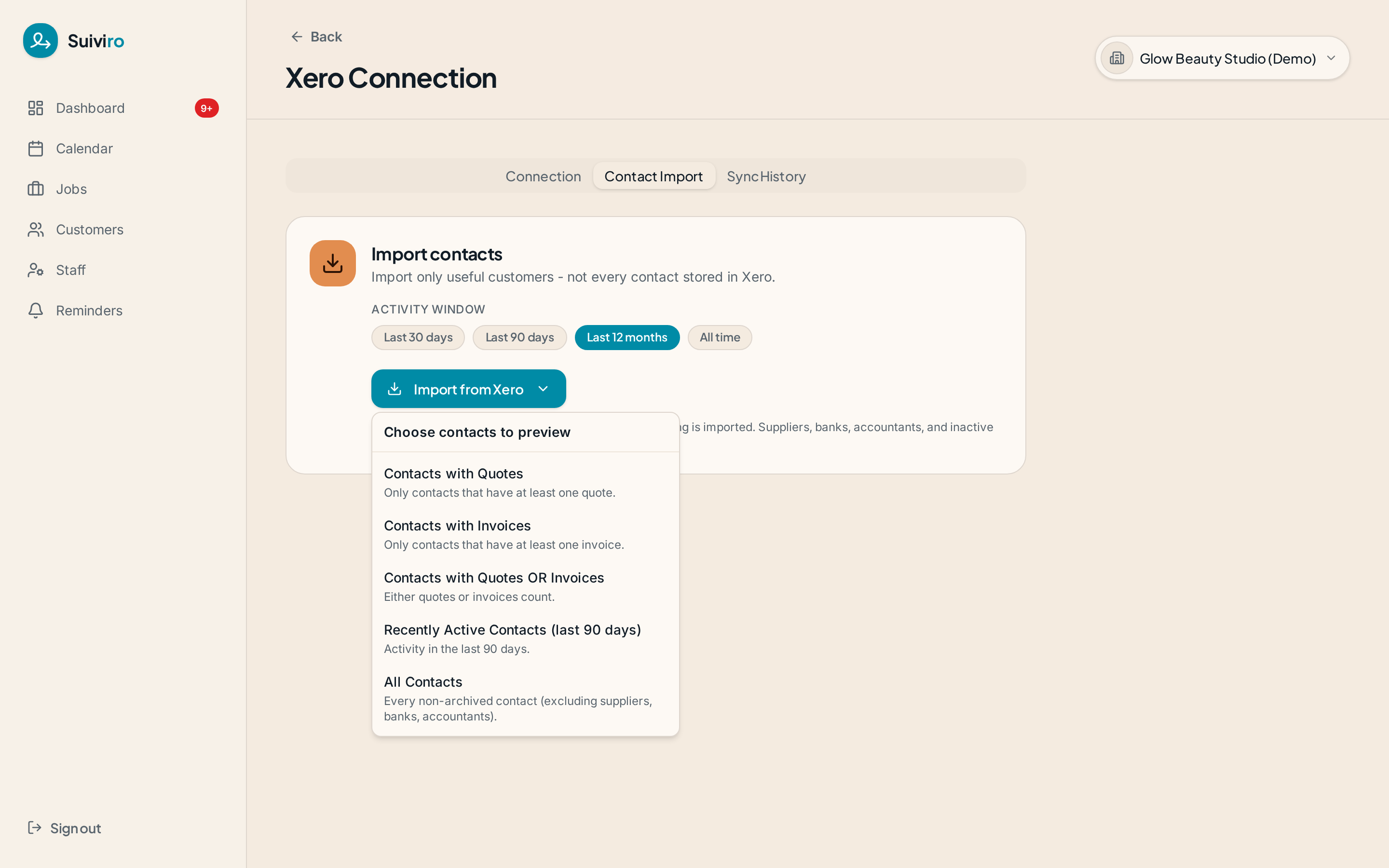Import from Xero dropdown listing scopes: Contacts with Quotes, Invoices, Quotes OR Invoices, Recently Active, All Contacts