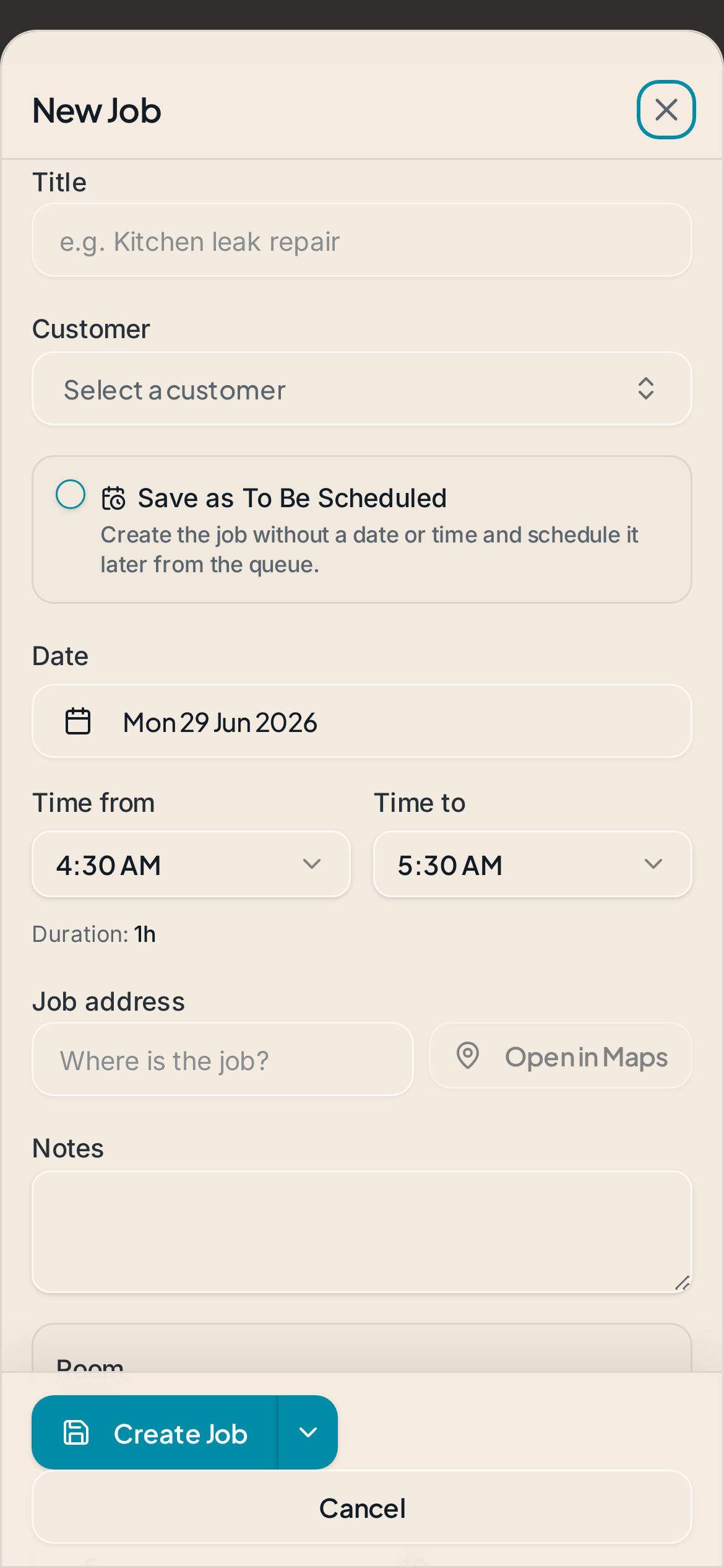 New job sheet in Suiviro on mobile, with title, customer, date, time, address, notes and a sticky Create Job action