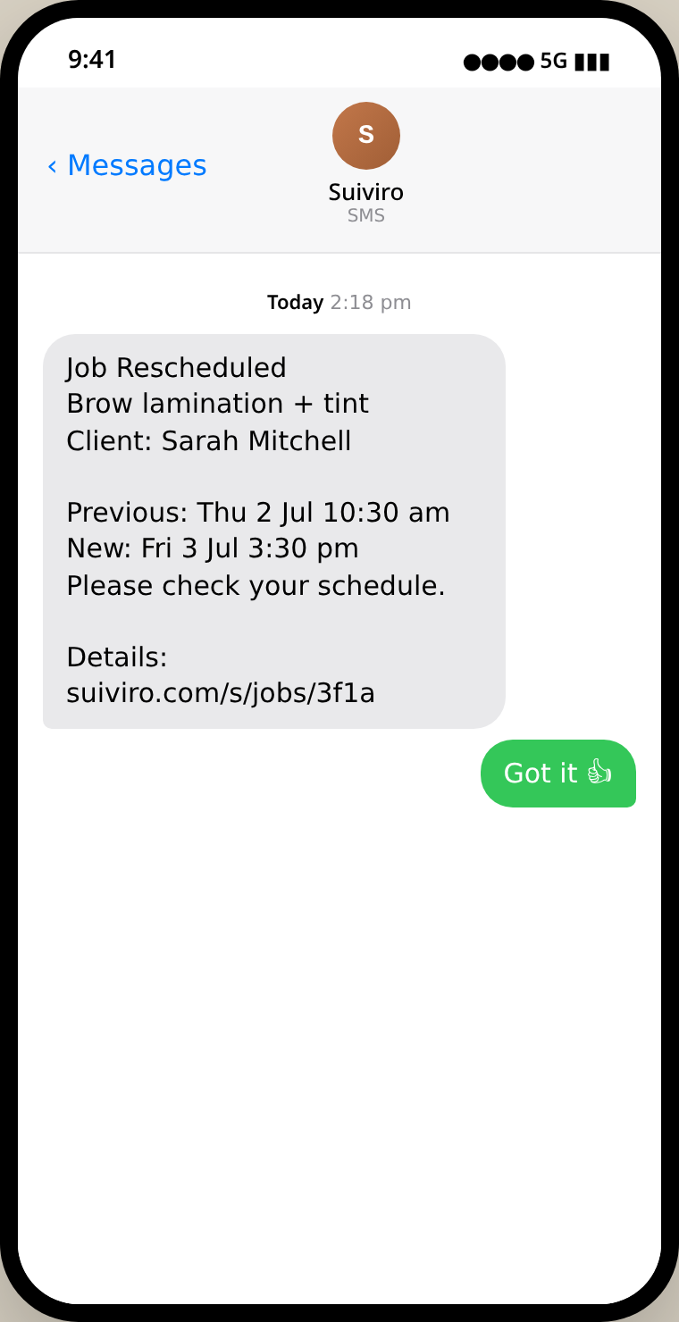 Sample SMS the assigned staff member receives confirming the new appointment time