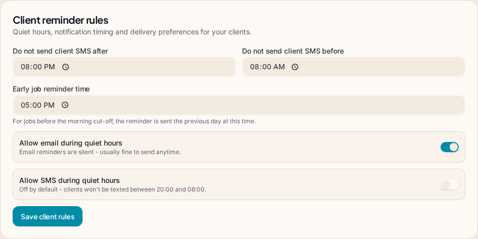 Client reminder rules in Suiviro showing quiet hours, early reminder timing and SMS delivery preferences