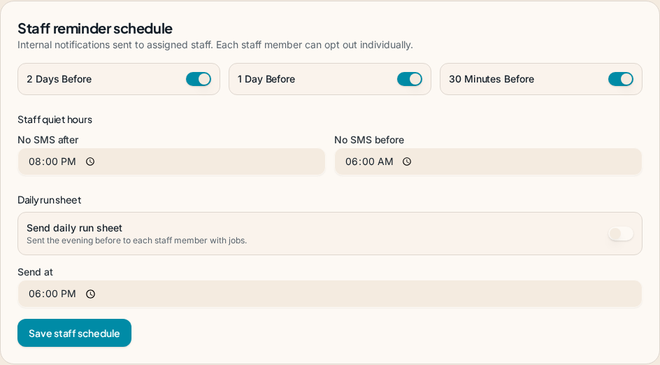 Staff reminder schedule in Suiviro showing 2-day, 1-day and 30-minute reminders plus quiet hours and daily run sheet